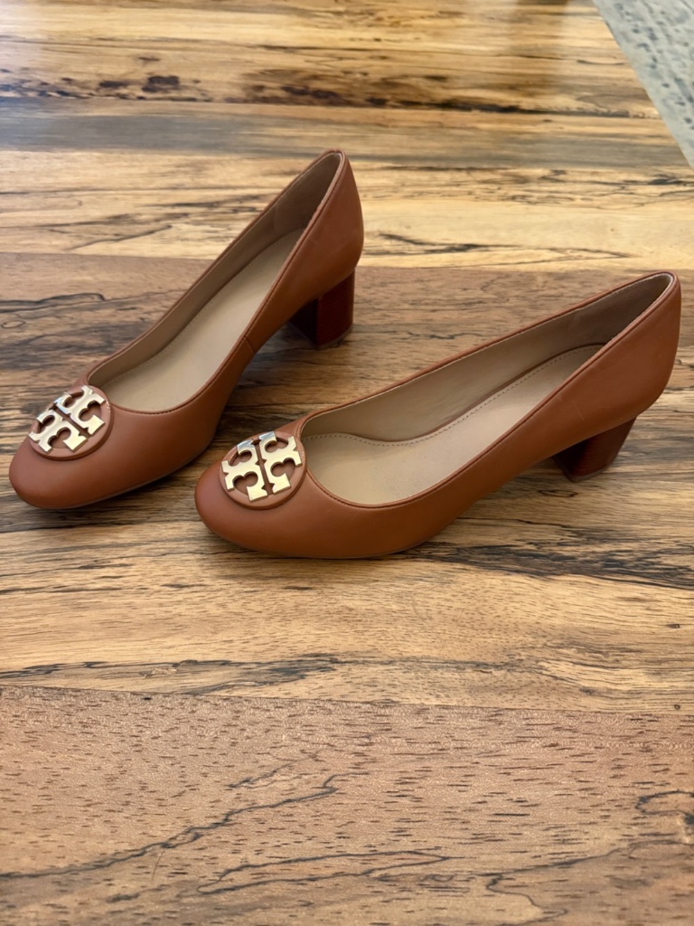 Tory Burch Tan Leather Block Heel Pumps with Gold Logo